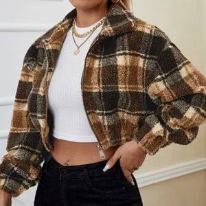 Brown plaid crop teddy fuzzy coat jacket